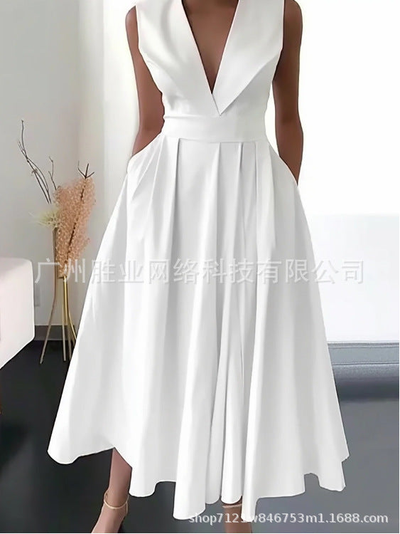 2023 New Cross-border Foreign Trade European And American Women&#039;s Summer Sleeveless Waist Slip Pocket Large Swing Mid-length Solid Color Dress