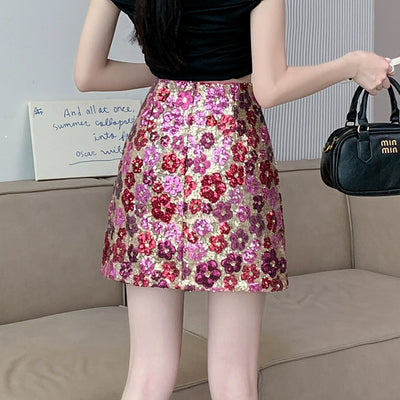 Hot Girl Style Flower Heavy Industry Sequin Half Skirt Women&#039;s Summer 2024 New Fashion High Waist A-Line Hip Skirt