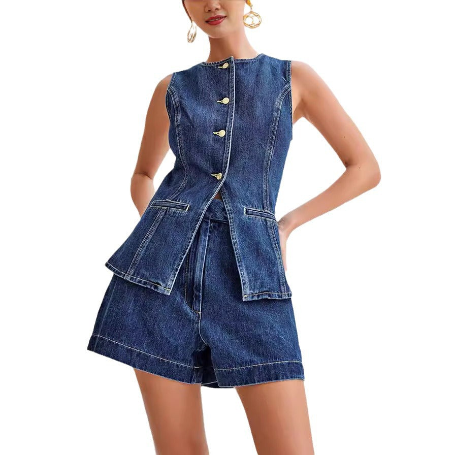 Summer Fashion Leisure Sleeveless High Waist Women&#039;s Suit Denim Shorts