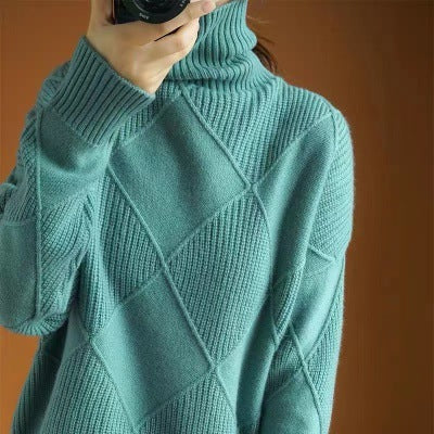 Cashmere Turtleneck Sweater For Women 2023 New Autumn And Winter Splicing Thickened Loose Outer Wear Wool Sweater With Inner Base Layer