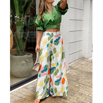 European And American Women&#039;s Clothing Cross-border New Casual Suit V-neck Short-sleeved Shirt High-waist Printing Wide-leg Trousers Two-piece Set