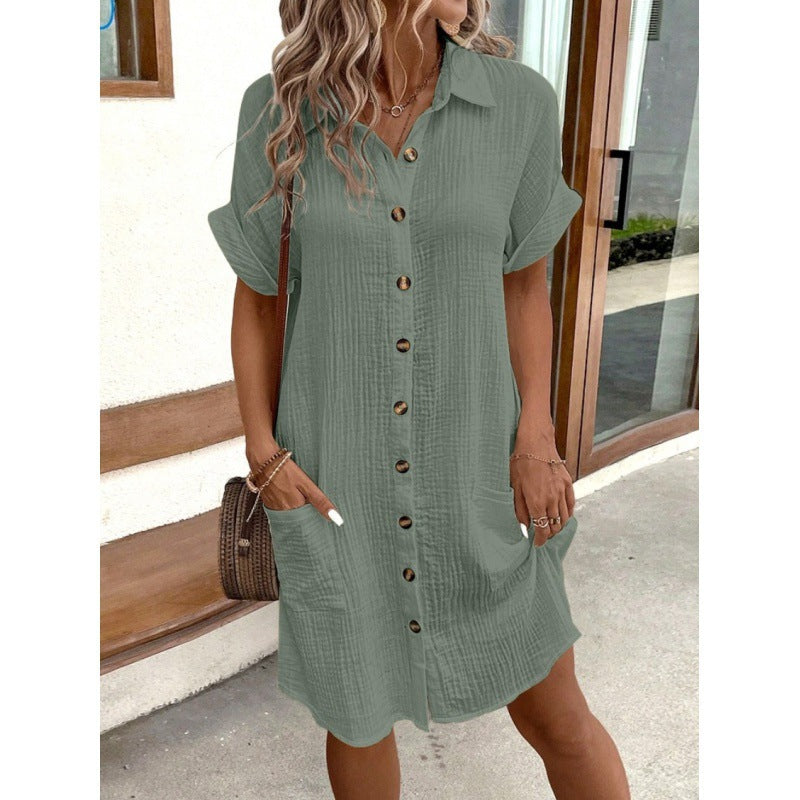 Summer Simple V-neck Button Cotton Linen Dress Women&#039;s Shirt Dress