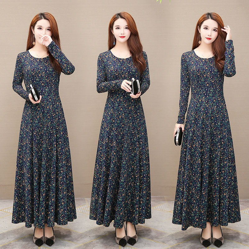 Spring Season Plus Size 200catty Long-sleeved Dress For Middle-aged And Elderly Mothers, Slimming Mid-length Floral Large Skirt