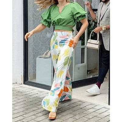 European And American Women&#039;s Clothing Cross-border New Casual Suit V-neck Short-sleeved Shirt High-waist Printing Wide-leg Trousers Two-piece Set