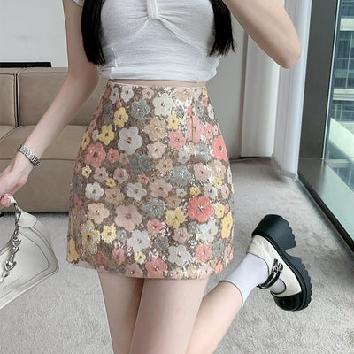 Hot Girl Style Flower Heavy Industry Sequin Half Skirt Women&#039;s Summer 2024 New Fashion High Waist A-Line Hip Skirt