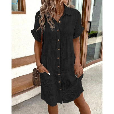 Summer Simple V-neck Button Cotton Linen Dress Women&#039;s Shirt Dress