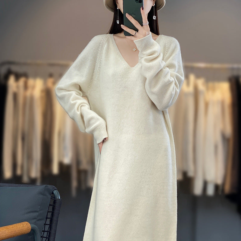 Autumn And Winter New Mid-length Dress V-neck Laid-back Style 100 Pure Wool Knitted Long Dress All-match Loose Sweater Dress