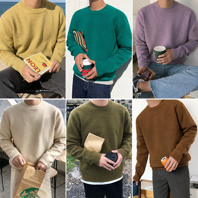 Sweater Men&#039;s Korean-style Loose Round Neck Solid Color Knitted Sweater Autumn And Winter Thickened Trendy Boys&#039; Base Shirt