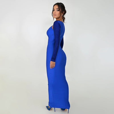 New Sexy Tight Long Hot Rhinestone Long Sleeve Stitching Dress