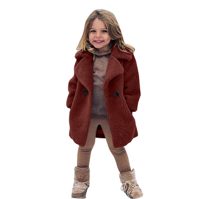 European And American Cross-border Children&#039;s Clothing New Autumn And Winter Coat Middle-aged Children&#039;s Fur Coat Imitation Cashmere Large Grain Lapel Windbreaker