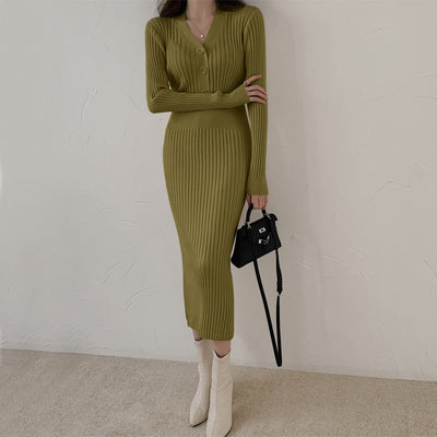 Autumn And Winter Mid-length Skirt Temperament V-neck Light And Mature Wind Apricot Slim Bottoming Skirt Knitted Elastic Thin Hip-pack Wool Skirt