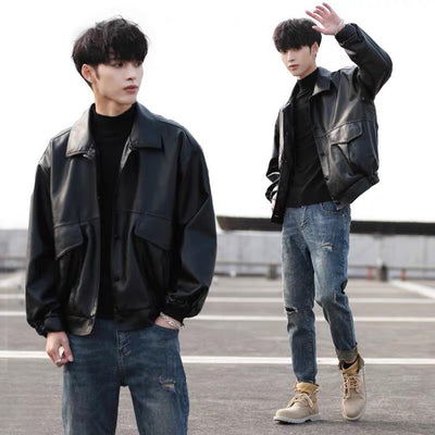 Fashionable Handsome Loose PU Leather Men&#039;s Bike Suit Aviator Leather Jacket Student Spring And Autumn Coat