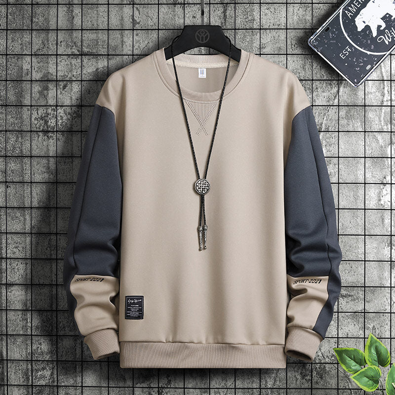 2022 New Men&amp;#039;s Korean Style Pullover Loose Sweater Youth Round Neck Long Sleeve Stitching Sports Simple Sweater