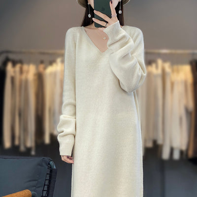 Autumn And Winter New Mid-length Dress V-neck Laid-back Style 100 Pure Wool Knitted Long Dress All-match Loose Sweater Dress