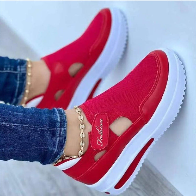 Summer Foreign Trade Large Size Fly-woven Breathable Casual Single-layer Shoes Wedge Heel Thick-soled Hollow Velcro Round Toe Low-top Women&#039;s Single-layer Shoes