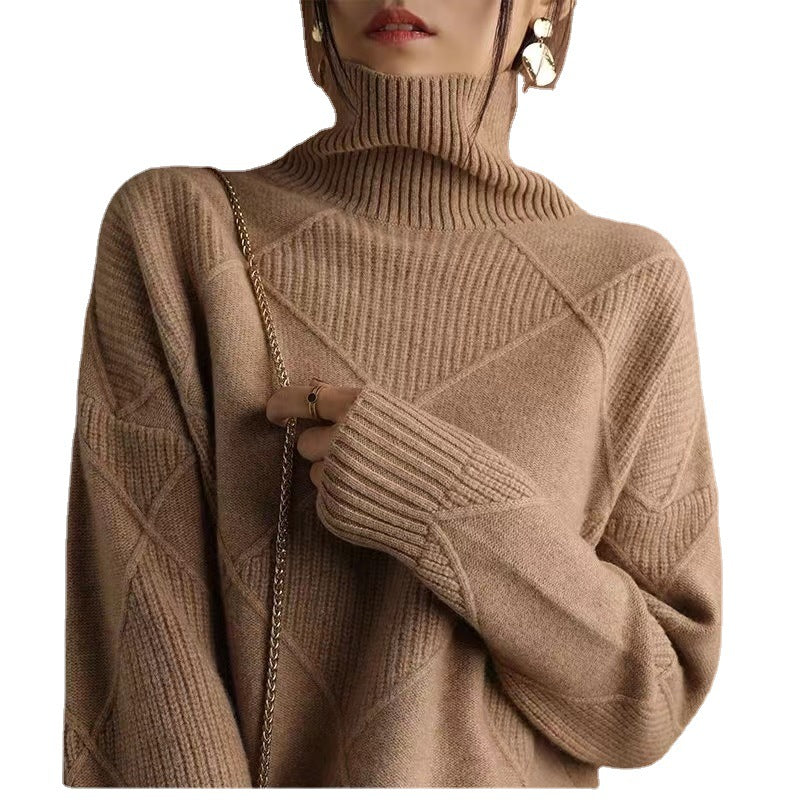 Cashmere Turtleneck Sweater For Women 2023 New Autumn And Winter Splicing Thickened Loose Outer Wear Wool Sweater With Inner Base Layer