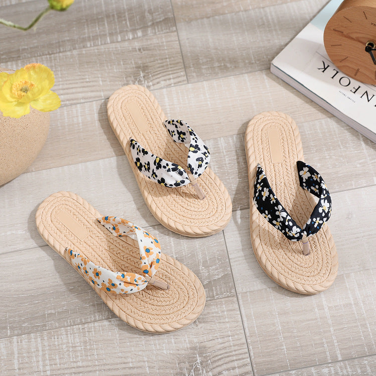 Factory Wholesale Summer New Imitation Straw Women&#039;s Casual Flip-flops Flowers Korean Tide Beach Sandals