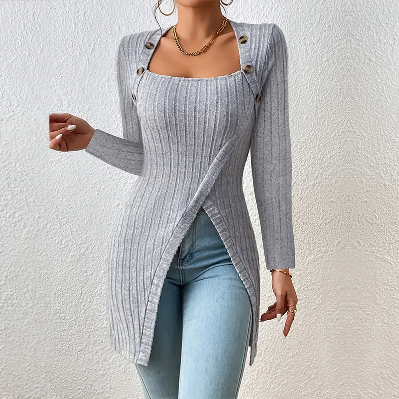 Europe And The United States Cross-border Autumn And Winter Square Collar Clavicle Slit Sweater Foreign Trade Royal Sister Sexy Slim Long Sleeve Women