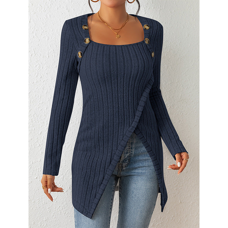 Europe And The United States Cross-border Autumn And Winter Square Collar Clavicle Slit Sweater Foreign Trade Royal Sister Sexy Slim Long Sleeve Women