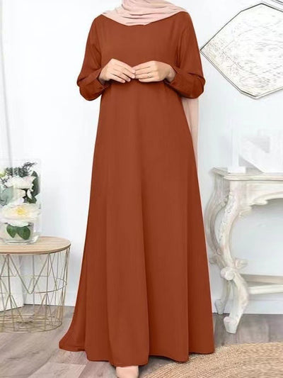 Middle Eastern Muslim Solid Color Loose Pullover Casual Elegant Long-sleeved Long Dress