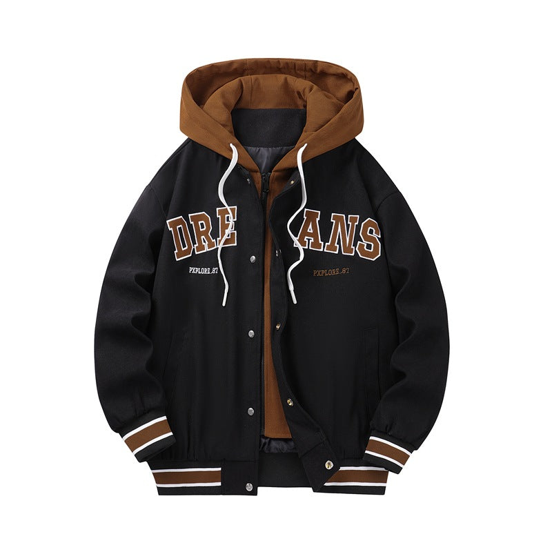 Baseball Jacket Men&amp;#039;s Autumn New High-end Fake Two-piece Hooded Couple Jacket Boys Trendy All-match Men&amp;#039;s Clothing