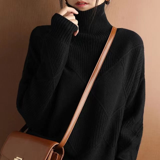 Cashmere Turtleneck Sweater For Women 2023 New Autumn And Winter Splicing Thickened Loose Outer Wear Wool Sweater With Inner Base Layer