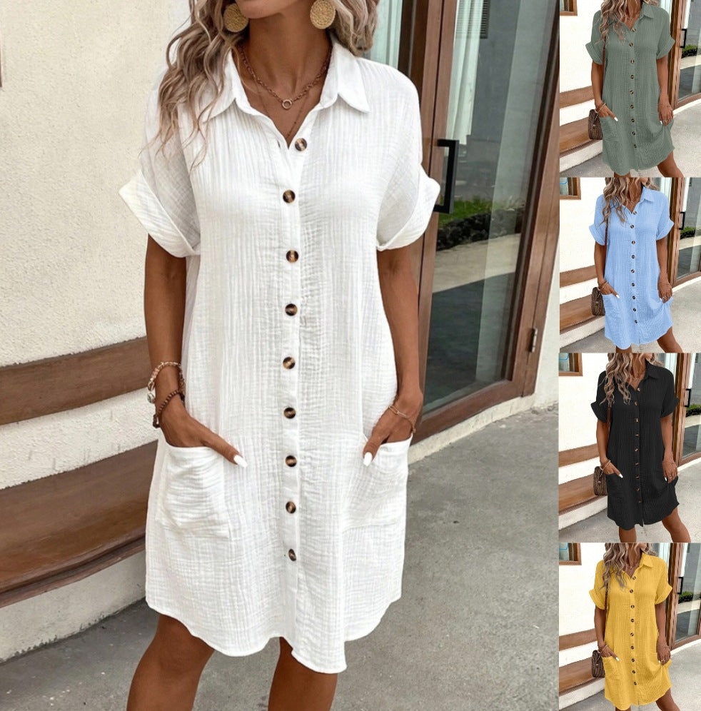 Summer Simple V-neck Button Cotton Linen Dress Women&#039;s Shirt Dress