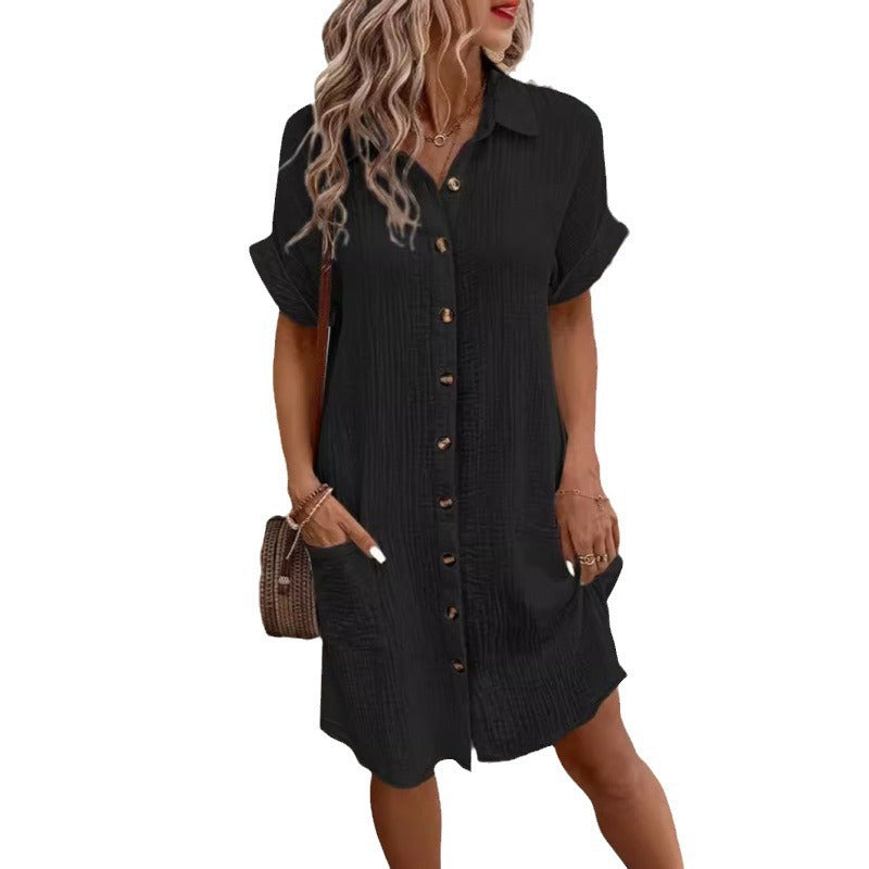 Summer Simple V-neck Button Cotton Linen Dress Women&#039;s Shirt Dress