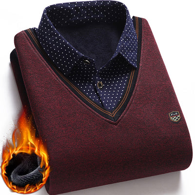 [Plus Velvet And Thickening] New Men&#039;s Fake Two-piece Shirt Collar Sweater Men&#039;s Middle-aged And Elderly Bottoming Knitted Sweater