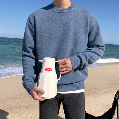 Sweater Men&#039;s Korean-style Loose Round Neck Solid Color Knitted Sweater Autumn And Winter Thickened Trendy Boys&#039; Base Shirt