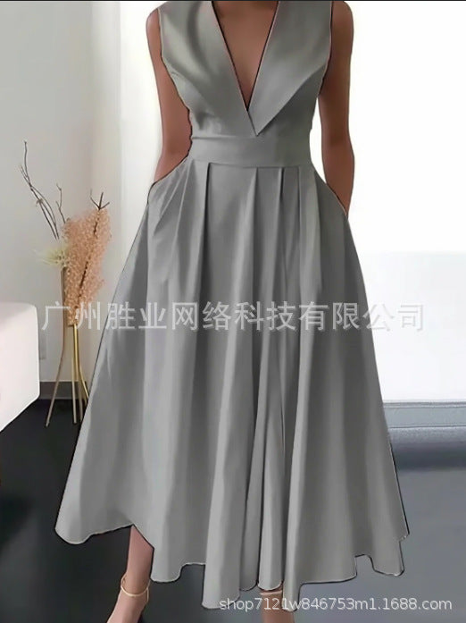 2023 New Cross-border Foreign Trade European And American Women&#039;s Summer Sleeveless Waist Slip Pocket Large Swing Mid-length Solid Color Dress