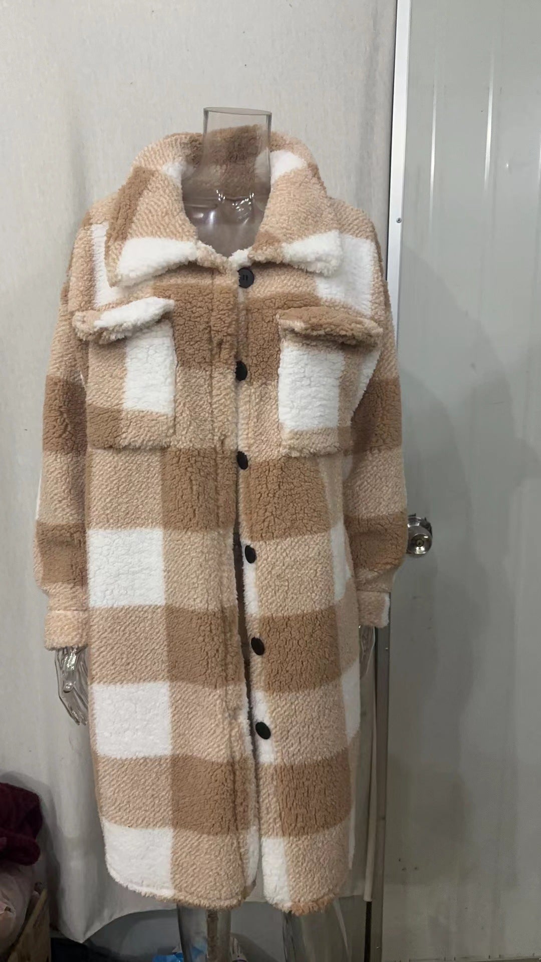 Cross-border Amazon European And American Autumn And Winter Open Button Lapel Plush Plaid Coat Loose Temperament Commuter Long Coat For Women