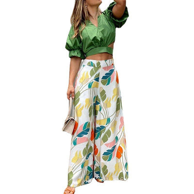 European And American Women&#039;s Clothing Cross-border New Casual Suit V-neck Short-sleeved Shirt High-waist Printing Wide-leg Trousers Two-piece Set