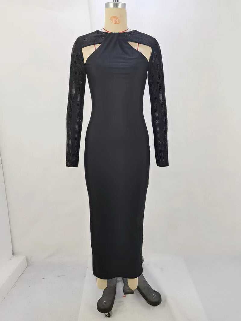 New Sexy Tight Long Hot Rhinestone Long Sleeve Stitching Dress