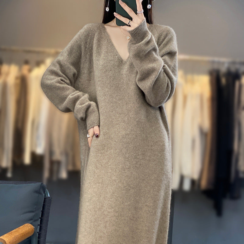 Autumn And Winter New Mid-length Dress V-neck Laid-back Style 100 Pure Wool Knitted Long Dress All-match Loose Sweater Dress