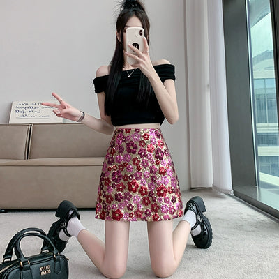 Hot Girl Style Flower Heavy Industry Sequin Half Skirt Women&#039;s Summer 2024 New Fashion High Waist A-Line Hip Skirt