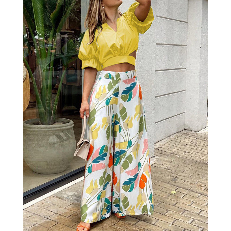 European And American Women&#039;s Clothing Cross-border New Casual Suit V-neck Short-sleeved Shirt High-waist Printing Wide-leg Trousers Two-piece Set