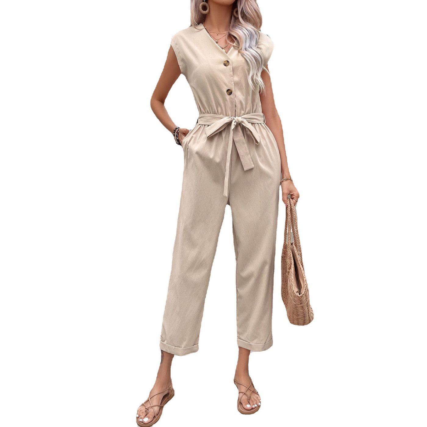 New Summer Sleeveless V-neck Women&#039;s Pants Nine Points Waist Jumpsuit