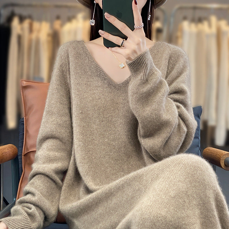 Autumn And Winter New Mid-length Dress V-neck Laid-back Style 100 Pure Wool Knitted Long Dress All-match Loose Sweater Dress