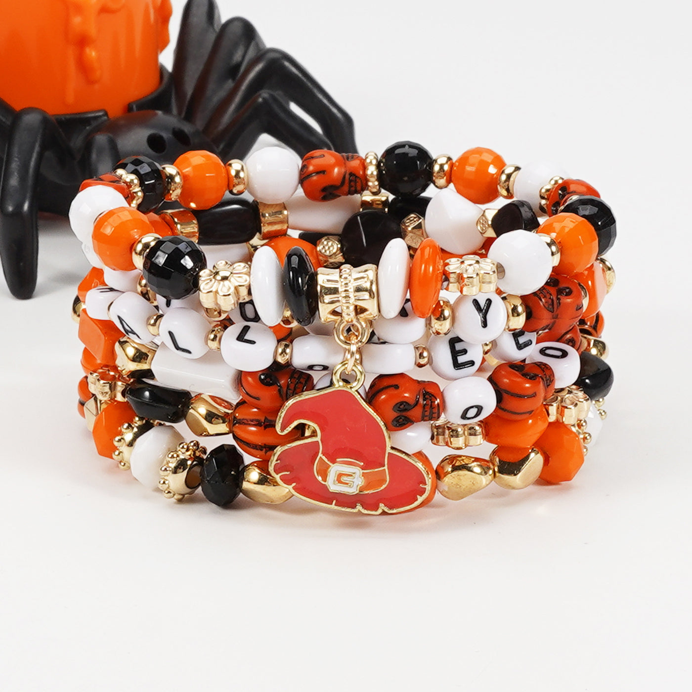 Halloween Bracelet Faux Crystal Soft Pottery Beaded Bracelet Pumpkin Ghost Bat Hat Pendant Party Bracelet