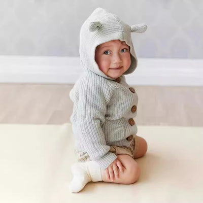 Baby Autumn New Cute Hooded Wool Clothes Solid Color Baby Boys And Girls Thickened Knitted Cardigan Single-breasted Jacket