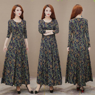 Spring Season Plus Size 200catty Long-sleeved Dress For Middle-aged And Elderly Mothers, Slimming Mid-length Floral Large Skirt