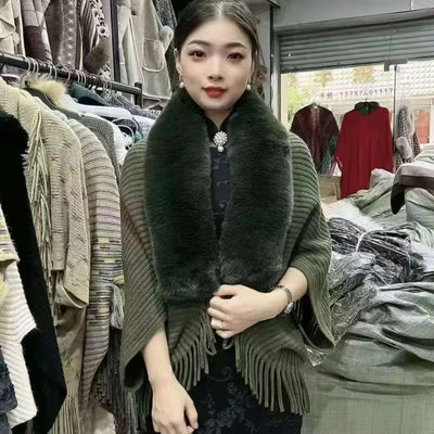 Autumn And Winter Loose Version Thick Imitation Rabbit Fur Collar Sweater Fashion New Lady Cardigan Knitted Wool Shawl