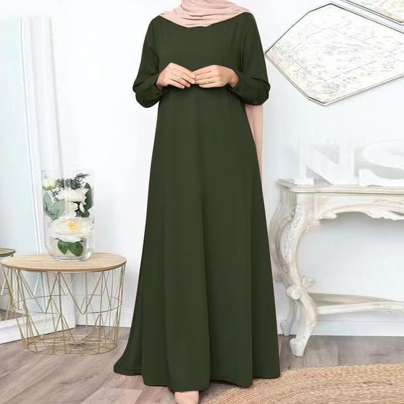 Middle Eastern Muslim Solid Color Loose Pullover Casual Elegant Long-sleeved Long Dress