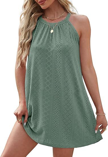 Summer New Round Neck Halter Sleeveless Solid Color Vest Dress Women