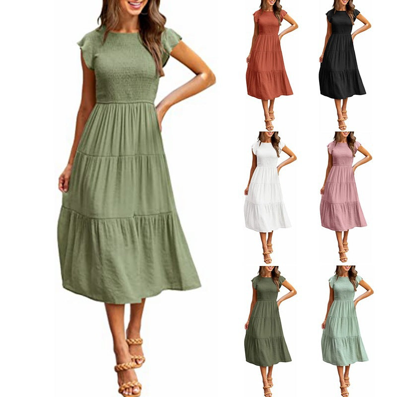 Cross-border Women&#039;s Amazon Hot Product Feifei Sleeves Pleated Layered Short-sleeved Large Swing Dress