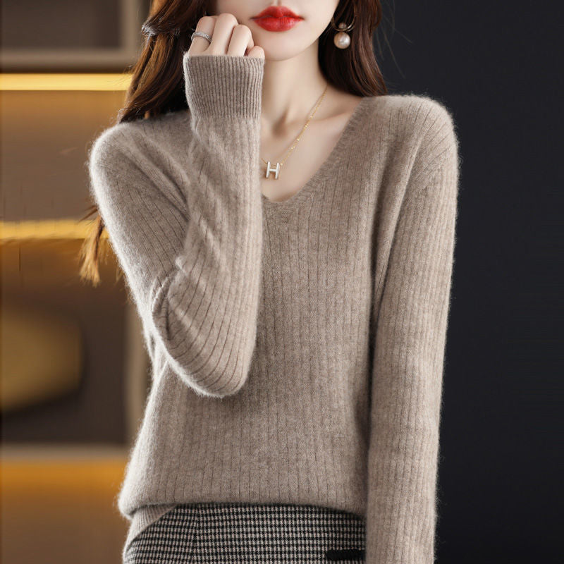 Autumn And Winter New Woolen Sweater Women&#039;s V-neck Long-sleeved Pullover Sweater Loose Round Neck Inner Knitted Sweater Bottoming Shirt