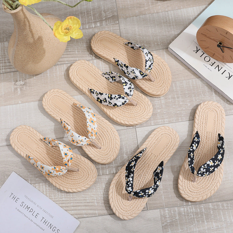 Factory Wholesale Summer New Imitation Straw Women&#039;s Casual Flip-flops Flowers Korean Tide Beach Sandals