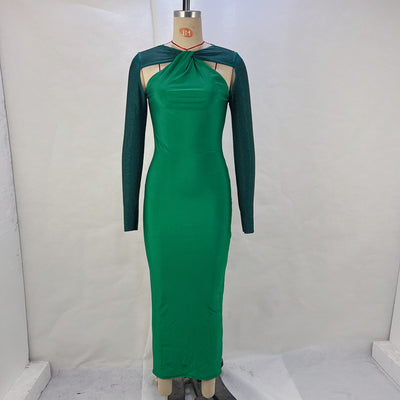 New Sexy Tight Long Hot Rhinestone Long Sleeve Stitching Dress