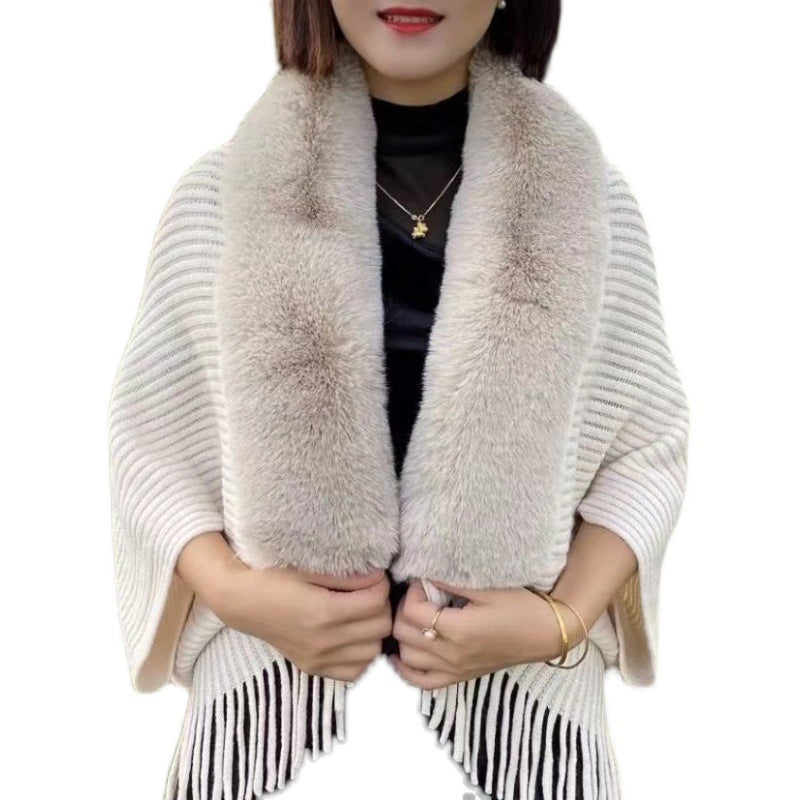 Autumn And Winter Loose Version Thick Imitation Rabbit Fur Collar Sweater Fashion New Lady Cardigan Knitted Wool Shawl